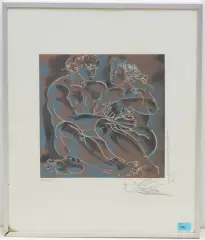 Liebespaar, blau/rosa by Hans Erni, 1984, color lithograph, offered Sep 2023