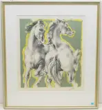 Zwei Pferde, gelb und grün umrandet by Hans Erni, 1976, color lithograph, sold Sep 2023