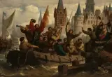 Rückkehr der Krieger nach der Belagerung von Antwerpen 1571 by Hendrik Frans Schaefels, 1878, oil on canvas, sold Jun 2023