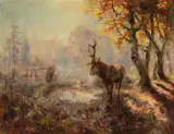 Hirsche auf einer Waldlichtung by Carl von Dombrowski, oil on canvas, sold Jun 2023