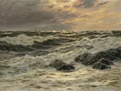 Findlinge in der Brandung by Patrick von Kalckreuth, 1956, oil on board, sold Jun 2023