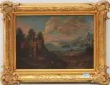 Landschaft mit Rastenden, im Hintergrund ein See by Marc Baets, oil on panel, offered Jun 2023