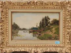 Flusslandschaft mit Wäscherin by Hippolyte Camille Delpy, oil on panel, sold Jun 2023