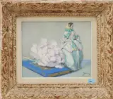 Stillleben mit Porzellanfigur by Drian, oil on canvas, sold Jun 2023
