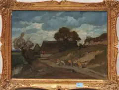 Schafe am Abend auf dem Weg by Hermann Stockmann, oil on canvas, sold Jun 2023