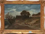 Schafe am Abend auf dem Weg by Hermann Stockmann, oil on canvas, sold Jun 2023