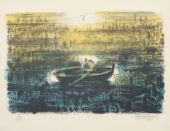 Liebespaar in einem Ruderboot bei Mondschein by Frans Masereel, 1960, color lithograph, sold Jun 2023