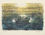 Liebespaar in einem Ruderboot bei Mondschein by Frans Masereel, 1960, color lithograph, sold Jun 2023