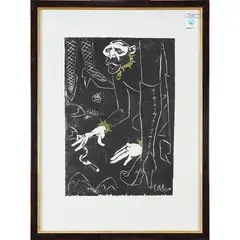 Man on the Ground by Hank Ketcham, woodcut, sold Jul 2022