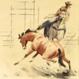Untitled (Cowboy Roping Wild Stallion) by Stanley Long, watercolor on paper, sold Jul 2022