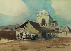 Orientalist Market Scene by Gerhard C. F. Miller, watercolor, sold Jul 2022
