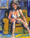 Seated Female by Richard Merchan, oil on canvas, sold Jul 2022