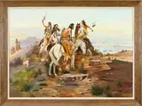 Native Americans on Horseback by Maurice Green, 1973, oil on board, sold Jul 2022