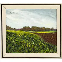 First Flight by Lowell Browne, 1959, acrylic on canvas mounted to panel, sold Jul 2022