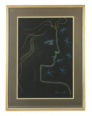 Jackie O by Jean Cocteau, circa 1960, pastel on black paper, sold Feb 2025