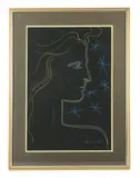 Jackie O by Jean Cocteau, circa 1960, pastel on black paper, sold Feb 2025