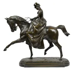 Untitled by Godefroid Devreese, bronze in a gold old patina. Horse with female rider side saddle, sold May 2023