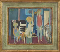Untitled by Eugene Savage, oil on paper/board of a young mid-century family in living room, sold May 2023