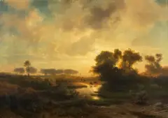 Landschaft mit Kühen im Abendlicht by Johann Gottfried Steffan, 1852, oil on canvas, sold Jun 2023