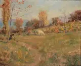 Ziegenhirt in herbstlicher Landschaft by Henri van Muyden, 1902, oil on paper, sold Jun 2023