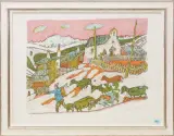 Bündner Dorflandschaft by Alois Carigiet, 1974, color lithograph, sold Jun 2023