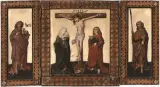 Triptychon: Kreuzigungsgruppe (Mitteltafel), Johannes der Täufer (links) und hl by Osteuropa (wohl), um 1470, tempera, sold Mar 2023