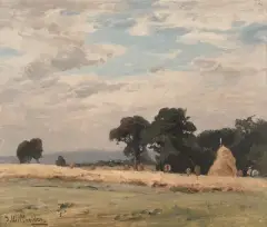 Landschaft mit Heuernte by Josef Willroider, oil on board, sold Mar 2023