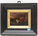 Nachfolger Kuh, Ziege und zwei Schafe an der Tränke by Nicolaes Pieterszoon Berchem, oil on panel, offered Mar 2023