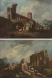 Umkreis Gegenstücke: Landschaften mit Ruinen und Figuren by Giuseppe Zais, oil on canvas, sold Mar 2023
