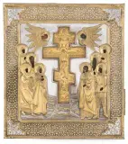 Russisch, 19.Jh by Kreuzigung Christi Staurothek-Ikone mit Oklad, tempera, offered Mar 2023