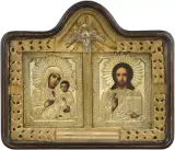 Russisch, Ende 19.Jh by 1 Paar Ikonen mit Oklad in Kiyot, tempera, sold Mar 2023