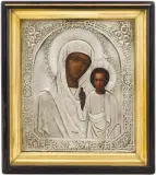 Russisch, um 1880 by Gottesmutter von Kasan mit Silberoklad in Kiyot, tempera, offered Mar 2023