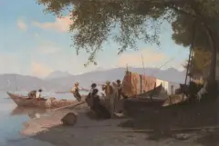Préparatifs à la pêche à Grande-Rive", 1876 by François Bocion, oil on canvas, sold Mar 2023