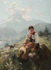 Berner Trachtenmächen mit ihren Ziegen, in sommerlicher Alplandschaft by Hans Bachmann, oil on canvas, sold Mar 2023