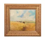 Hayfield" early 20th century by Juliusz Holzmüller, oil on artist's board, sold Jun 2023