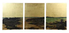 Acid Landscape Triptych by Paul Hunter, oil and gold leaf on three 48" x 36" canvases titled on reverse Acid Landscape on May 22, sold Jun 2025