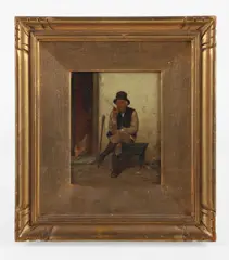 painting "Contentment" depicting a seated man smoking a pipe next to a chicken by William Magrath, oil on panel, sold Jul 2025