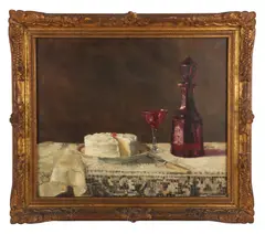 Still life painting with decanter and cake by Robert Frick, oil on canvas, sold Jul 2025