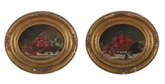 (2) Still life paintings with strawberries and cherries by Edward Edmondson, Jr., oil on canvas, sold Jul 2025