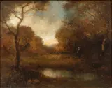 Untitled (Wooded Clearing with Figure by a Pond) by William Keith, oil on canvas (laid down on board), sold Aug 2022