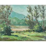 Valley Landscape by Hanson Puthuff, oil on masonite, sold Aug 2022
