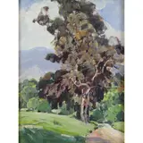 Tree along a Mountain Path by Hanson Puthuff, oil on masonite, sold Aug 2022