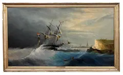 French ship in storm off coast by Chéri-François-Marguerite Dubreuil, oil on canvas, sold Apr 2025