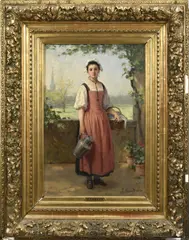 Untitled by Joseph Caraud, oil on canvas of young milk maid standing on a veranda holding a pitcher and a basket, sold Sep 2023