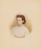 Portrait eines Mädchens mit dunkelbraunem, gelocktem Haar und weisser Bluse by Josef Kriehuber, watercolor, sold Dec 2022