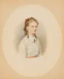 Portrait eines Mädchens mit dunkelblondem, gelocktem Haar und weisser Rüschenbluse by Josef Kriehuber, watercolor, sold Dec 2022