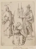 Riss zu einer Scheibe des Standes Basel mit den Heiligen Bartholomäus und Kaiser Heinrich II by Hans Jakob d.Ä. Nüscheler, pen and ink, sold Dec 2022