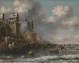 Eisläufer und Schlittenfahrer vor einer Stadt by Thomas Heeremans, 1675, oil on panel, sold Dec 2022