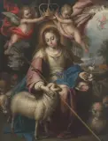 Divina pastora", Gottesmutter mit Lämmern by Bernardo Germán de Llórente, oil on canvas, sold Dec 2022