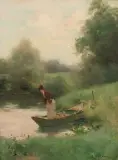 Die Anglerin by Jules-Frédéric Ballavoine, oil on canvas, sold Dec 2022